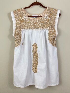 Mi Golondrina Mexico Flores Blouse with Gold Floral Embroidery Size M